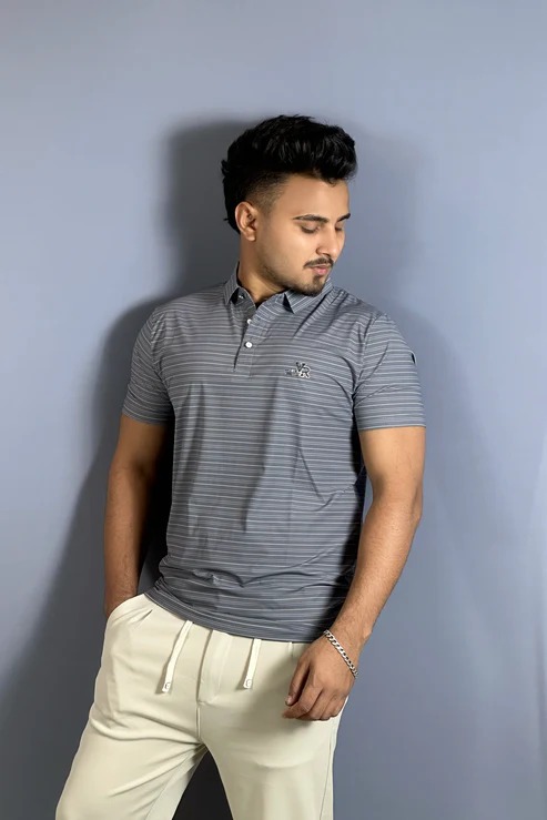 অ্যাশ কালার স্ট্রাইপ পোলো টি-শার্ট-VR